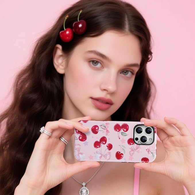 QLTYPRI Case for iPhone 15 Pro Max, Aesthetic Cute Pink Cherry Bow Phone Case for Girls Women, Protective Hybrid 2-Layer Hard Shell Silicone Cover Durable Shockproof Phone Cover - Pink