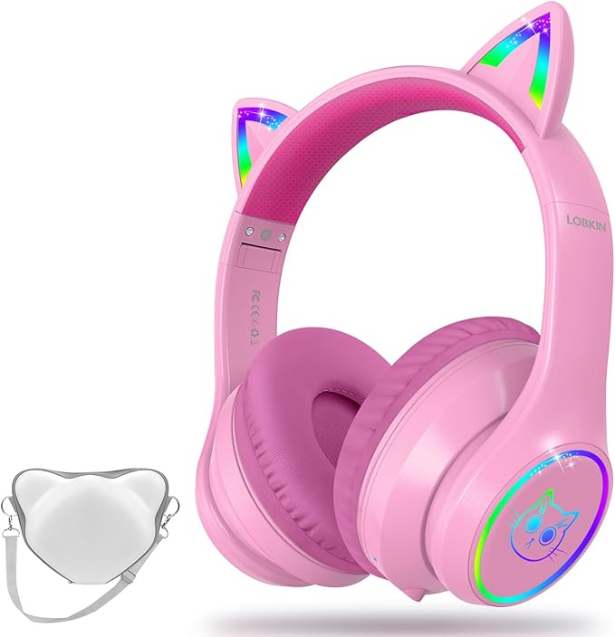 LOBKIN Bluetooth 5.4 Kids Headphones with Case - RGB LED Light Up Cat Ears Foldable Adjustable Over Ear Headphone Support Wireless or 3.5mm Wired Mode for Toddler & Girls & Boys Teens