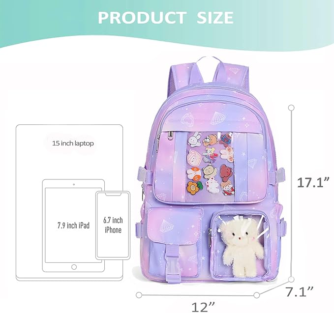 Kawaii Backpack for Teen Girls, Cute Aesthetic High Middle School College Bookbag with Accessories, Purple