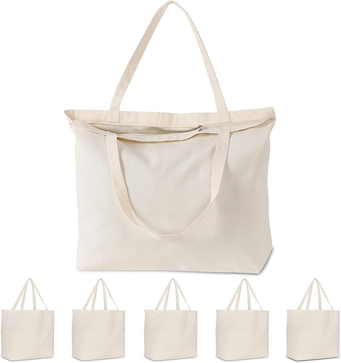 Koolmox Tote Bag Bulk with Zipper, 6-Pack 22x16x7.8'' Beige Tote Bag, 12Oz Durable Grocery Tote with Reinforced Handles and Wide Bottom for Grocery Shopping Bags Washable and Reusable Carry All Bags