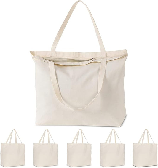 Koolmox Tote Bag Bulk with Zipper, 6-Pack 22x16x7.8'' Beige Tote Bag, 12Oz Durable Grocery Tote with Reinforced Handles and Wide Bottom for Grocery Shopping Bags Washable and Reusable Carry All Bags