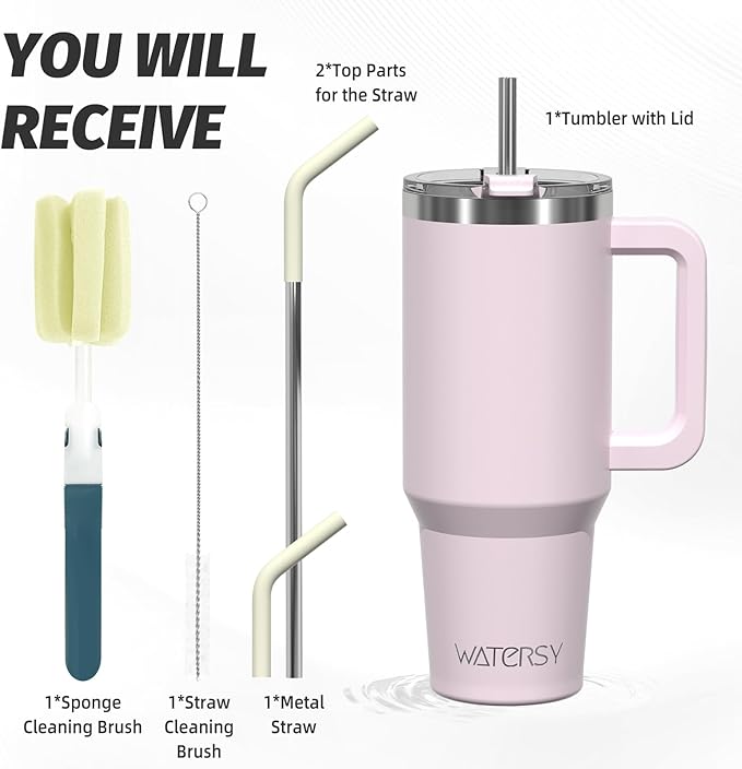 40 oz Tumbler with Handle,Tumbler with Lid and Straw,Double Wall Insulated Cup Stainless Steel Travel Mug(Cold for 34 Hours),Water Bottle for Iced Tea,Coffee,Cold Beverages(Rose Quartz)