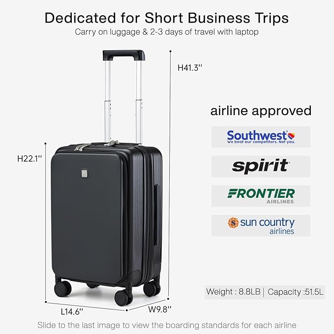 Hanke Grace Expandable Carry On Luggage with Wheels Airline Approved Hard Shell Suitcases with Front Pocket，Top Opening Luggage with TSA Lock for Short Business Travel, Jet Black.