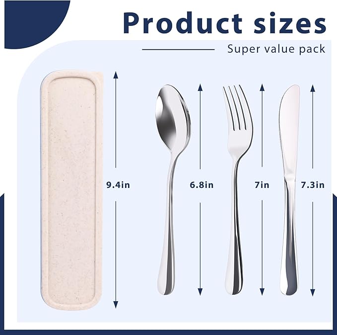 HANSGO 3PCS Portable Utensils Set with Case, Travel Cutlery Set Stainless Steel Utensils Reusable Silverware for Lunch Camping School Picnic Office Dishwasher Safe Beige