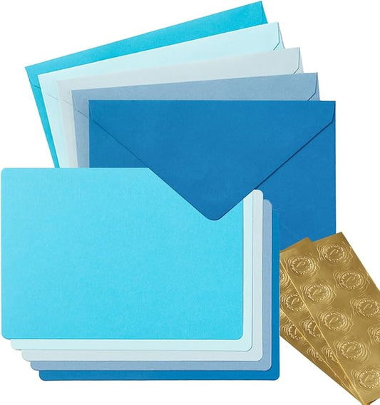Wishop 25 Pieces A7 Colored Envelopes with Cards and Stickers Set 5 Colors for Weddings, Invitations, Birthday, Baby Shower, 5x7 inches (Blue 5Colors)