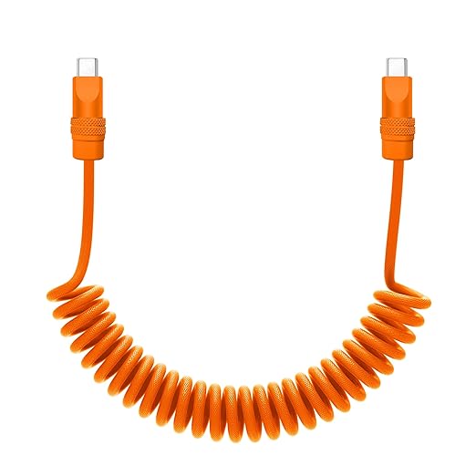 chubbycable Curly Chubby Retractable Fast Charging Cable 120W Coiled Charger Cord for Car Durable USB C Cable Compatible with iPhone 16/15 Series, Orange+Orange, Type-C to Type-C, 1.3FT-2.3FT