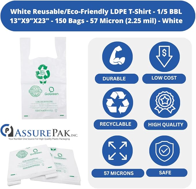 White Reusable/Eco-Friendly LDPE T-Shirt - 1/5 BBL 13"X9"X23" - 150 Bags - 57 Micron (2.25 mil) - White - WHLD225MREUSE1323 - AssurePak
