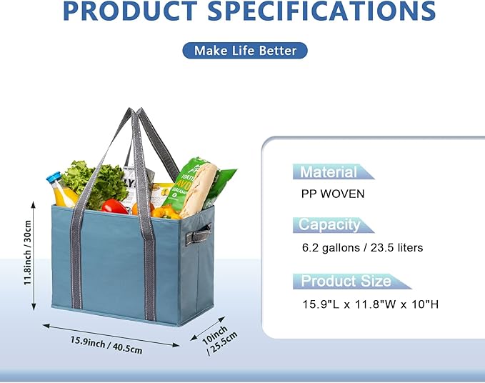 VENO 2 Pack 8 Gallon Reusable Grocery Bags, Extra Large Shopping Bags for groceries, Utility Tote with Handles and Hard Bottom, Foldable Cart Organizer, Water Resistant, Heavy-Duty (Light Blue)