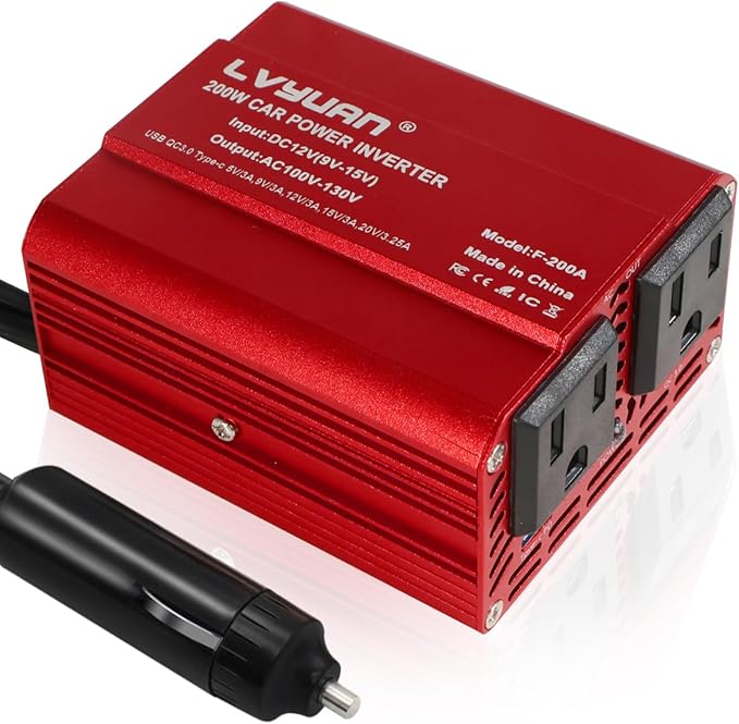 200W Power Inverter, LVYUAN Inverter 12V DC to 110V AC Car Plug in Adapter Outlet 65W PD Type-C & 28W QC Fast-Charging Ports Vehicle Converter for Phone, Laptops, Road Trip Charger