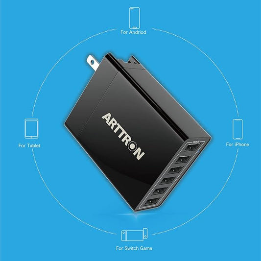 USB Wall Charger Adapter, Arttron 40W 6-Port Foldable Wall Plug Multiport Charger for iPhone iPad Tablets Smartphones, Home Office Use