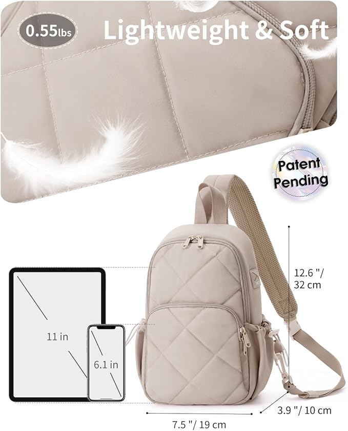 Wandering Nature Sling Bag for Women Lightweight Quilted Crossbody Bag Fits for 11" Tablet with Breathable Back Panel Anti Theft Pocket Padded Strap USB Charge Port, Ideal for Travel, Daily Use