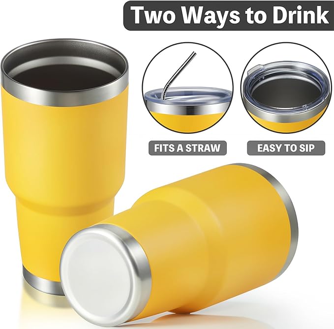 MEWAY 30oz Insulated Tumbler With Lids and Straws,Stainless Steel Double Vacuum Coffee Tumbler Cup, Brush, Durable Powder Coated Coffee Cup for Cold & Hot Drinks, Office, Travel(Yellow,8 PACK)
