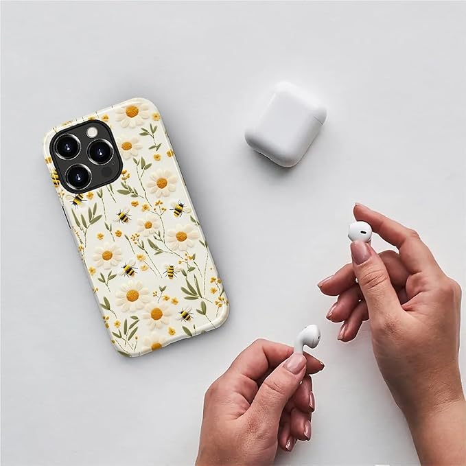 Case for iPhone 15 Pro Case,Bees Sunflowers Design - Hybrid Dual Protection Silicone + Hard PC Shockproof Full Body Cover Slim Anti-Scratch Protective Case for Men Women