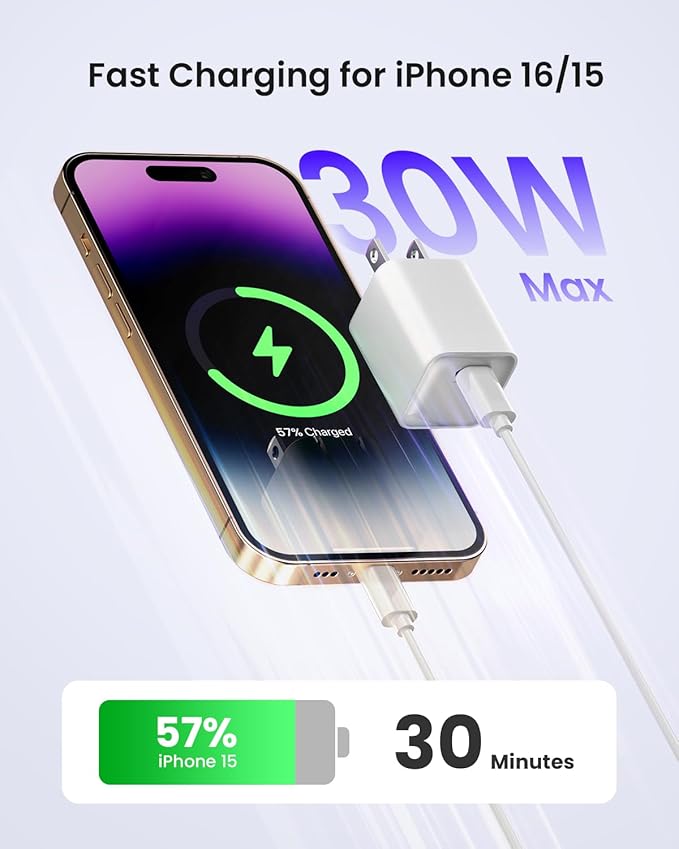 30W USB C Charger Block, Compact Wall Charger with GaN III Tech, PD3.0 PPS QC4.0 Fast Foldable Charger for iPhone 16 15, Galaxy, Pixel, iPad, AirPods,MacBook Air