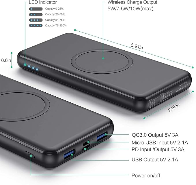 Wireless Portable Charger Power Bank, 26800mAh 10W Fast Wireless Charging 18W PD QC 3.0 USB-C Power Bank, 4 Output & Dual Input External Battery Pack Compatible with iPhone 16/15/14/13/12,Android etc