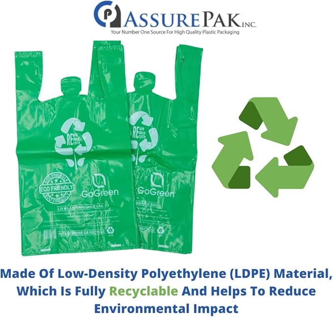 Green Reusable/Eco-Friendly LDPE T-Shirt - 16.5"x7.5"x29" - 180 Bags - 57 Micron (2.25 mil) - Green - GRNLD40REC225REU1729 - AssurePak