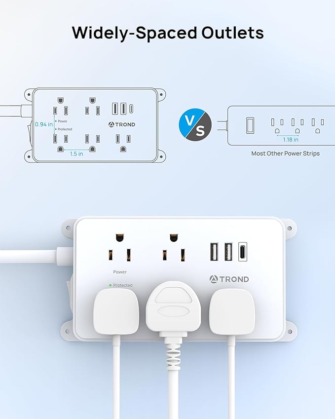 TROND Power Strip with USB, Surge Protector Flat Plug with 5 Widely-Spaced Outlets and 3 USB Ports, ETL Listed, 1300J, Wall Mountable, 5ft Extension Cord, for Office Kitchen, White