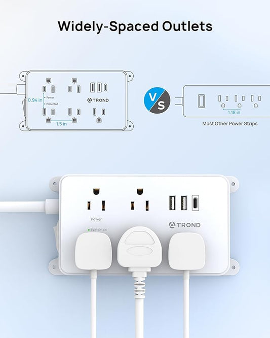 TROND Power Strip with USB, 10ft Extension Cord Surge Protector, 5 Widely Spaced Outlets with 3 USB Ports, ETL Listed, 1300J, Low-Profile Flat Plug, Wall Mountable, White