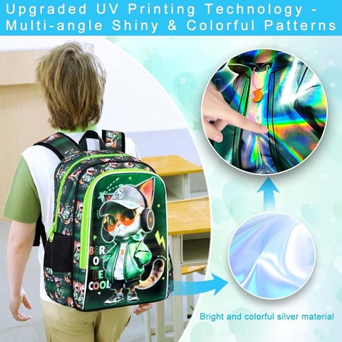 CCJPX 16" Cat Backpack for Boys, 3PCS Kids Water Resistant Preschool Bookbags, Cool Kindergarten School Backpacks and Lunch Box