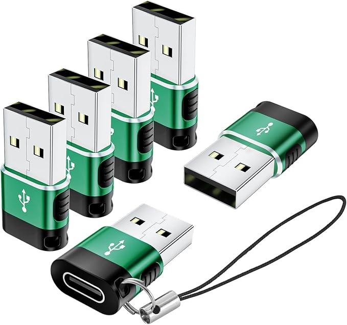 USB to USB C Adapter 6 Pack,USB-A to USB-C Adapter,USBC Female to USBA Male Adaptor,USBC Converter for iPhone 16 15 14,MacBook Pro,iPad,Charger,Green