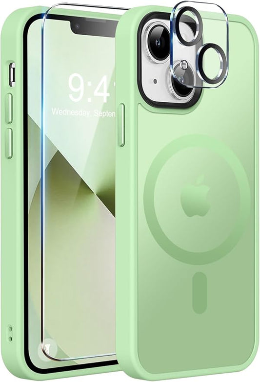 MOCCA Strong Magnetic for iPhone 13 Case, [Compatible with Magsafe][Screen Protector+Camera Lens Protector] Translucent Matte Back Slim Shockproof Case for iPhone 13 Phone Case 6.1", Light Green