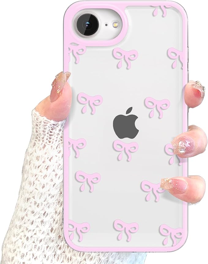 EYZUTAK Case for iPhone 16e, Clear Cute Ribbon Bowknot Pattern Aesthetic Transparent Phone Case Raised Camera Protection Stylish Slim Soft Durable TPU Protective Cover for Women Girls - Pink