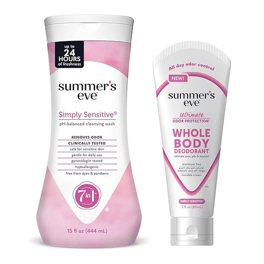 Summer's Eve, Whole Body Deodorant for Women, Ultimate Odor Control, Aluminum Free Deodorant, 3 Fl Oz + Simply Sensitive Daily Gentle All Over Feminine Body Wash, Removes Odor, pH Balanced, 15 fl oz