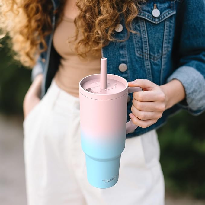 TILUCK 40 oz Tumbler with Handle, Vacuum Insulated Stainless Steel Travel Mug with 100% Leak-Proof Silicone Straw Lid, Cupholder Friendly Water Bottle(PinkBlueGradient, 40oz)