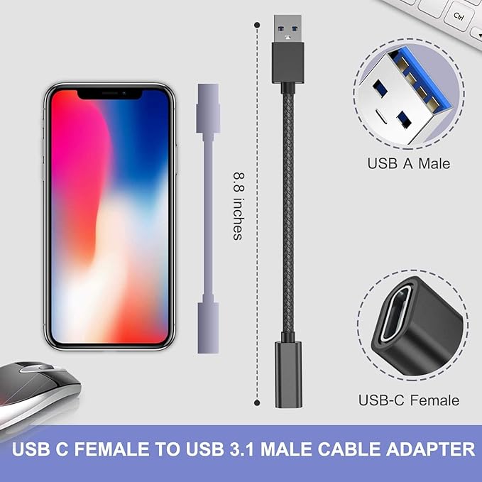 Basesailor USB 3.0 to USB C Adapter 3.3FT 2Pack,USBC Female to A Male Cable,5Gbps 3.1 Type C Charger Connector for Apple iPhone 17 16 16e 15 Pro Max,iPad Air Mini 7,Samsung Galaxy S25 S24 S23 S22 S21