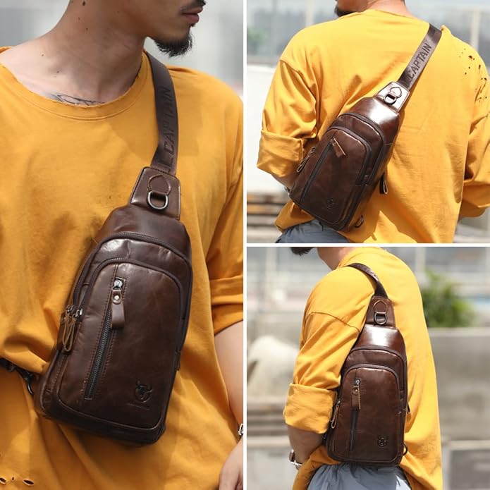 KPYWZER Vintage Leather Sling Bag Backpack for Men Crossbody Shoulder Chest Day Pack Backpacks