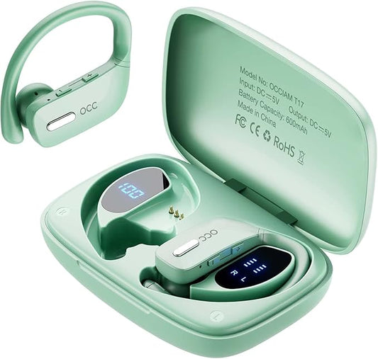 occiam Wireless Earbuds Bluetooth Headphones 48H Play Back Earphones in Ear Waterproof with Microphone LED Display for Sports Running Workout Green