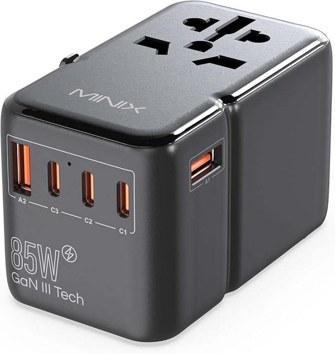 MINIX 85W Universal Travel Adapter, GaN III International Power Adapter, 3 USB-C 2 USB-A Ports, AC Outlet, Worldwide US/UK/EU/AU Travel Charger for Laptops Tablets Phones and More