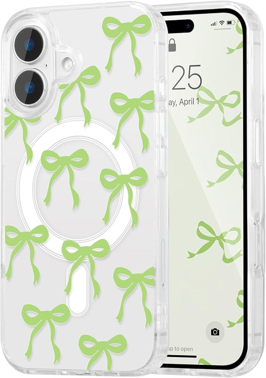 UEEBAI Magnetic for iPhone 17 Case, Bow Case Compatible with MagSafe, Wireless Slim Clear Ribbon Aesthetic Phone Cover Anti-Yellowing Shockproof Protective Cover for Women Girl - Green