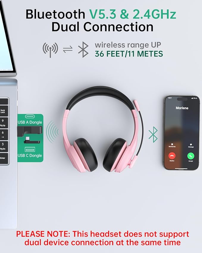 Wireless Headset with Mic for Work with AI Noise Cancelling Mic for Clear Calls, Bluetooth V5.3 Headphones with Microphone to USB A/C Dongle & Mic Mute for Computer Laptop PC iPhone (Pink Black)