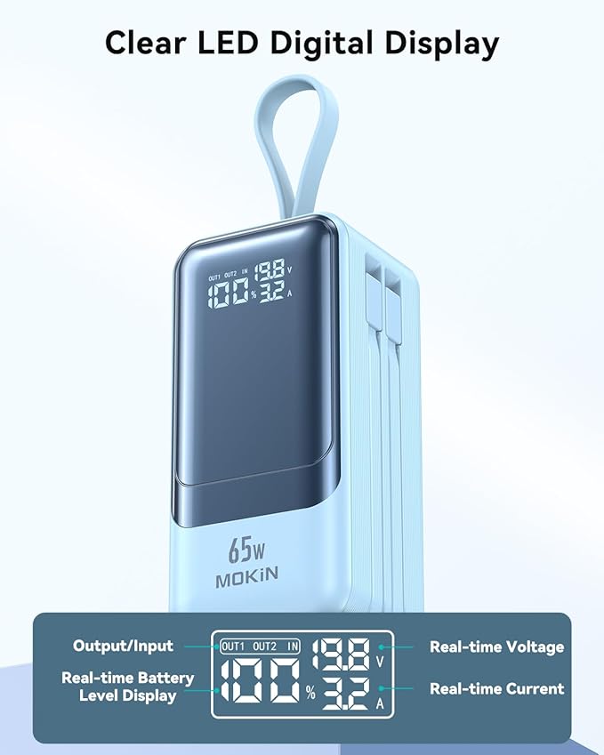 Portable Charger, 65W Power Bank Fast Charging, USB C Battery Pack with Built in Cable, 4 Outputs Powerbank, Travel Essentials Compatible with iPhone 17 16 15 14 13 iPad MacBook Pro Samsung Dell XPS