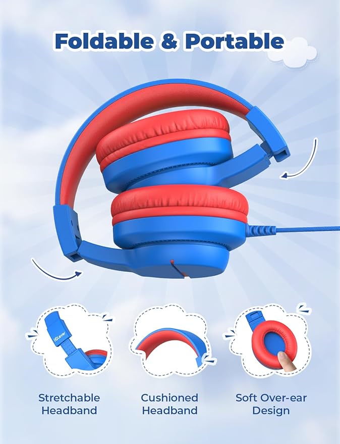 iClever Kids Headphones for School Travel, Safe Volume Limited, HD Mic Stereo Sound Over-Ear Girls Boys Headphones for Kid, FunShare Foldable 3.5mm Wired for iPad Computer, HS19