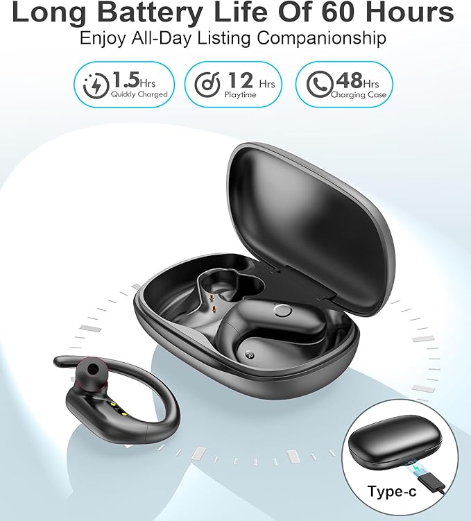 MOZOTER Wireless Earbuds Bluetooth Headphones Sport,Over Ear Buds with Deep Bass Sound,60Hr Playtime Earphones Redesigned Comfort Fit with Earhooks for Running,Meeting,Workout-Black