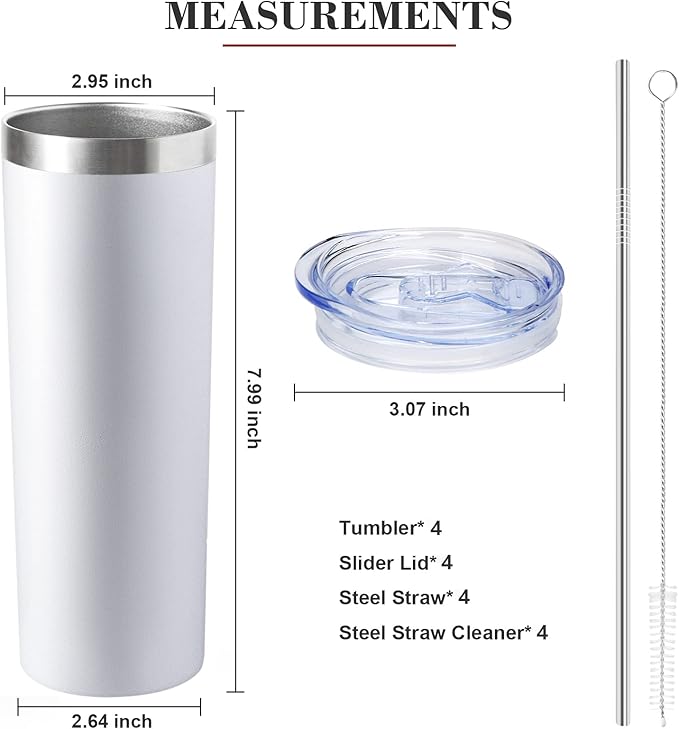 20 oz Skinny Tumblers with Lid and Straw,Stainless Steel Vacuum Insulated Tumbler Cup Double Wall Travel Coffee Mug, Thermal Water Tumbler for Hot and Cold Drinks(White,4)