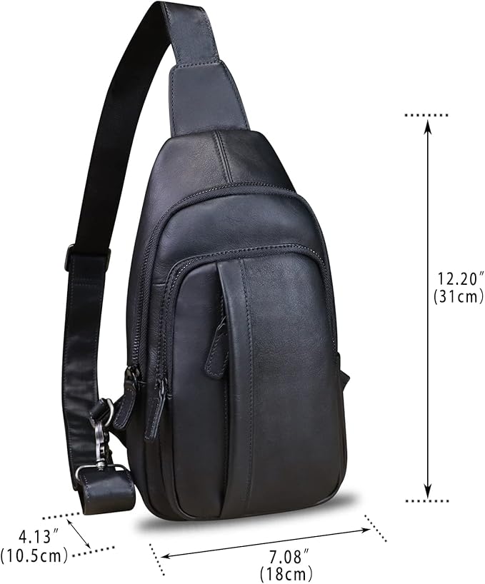 IVTG Genuine Leather Sling Bag Crossbody Casual Hiking Daypack Vintage Handmade Chest Shoulder Backpack Motorcycle Cycling Purses (Black)