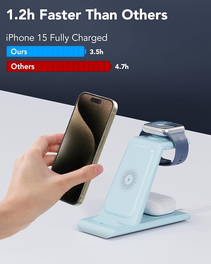 HATALKIN 3 in 1 Wireless Charging Station Compatible for Apple Products Multiple Devices Charger for Apple Watch Ultra 11 10 9 8 7 SE AirPods Pro iPhone 17 16 15 14 13 Pro Max/X/XS Fast Charger Stand
