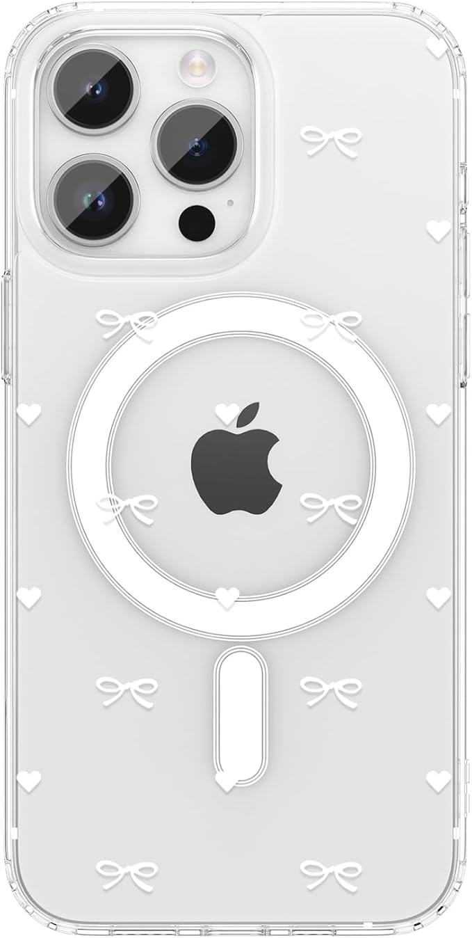 ZTOFERA for iPhone 13 Pro Max Magnetic Case Clear,Cute Love Heart Ribbon Bow Tie Aesthetic Phone Case,Transparent Trendy Slim Soft Shockproof Protective Phone Cover for Women Girls,White