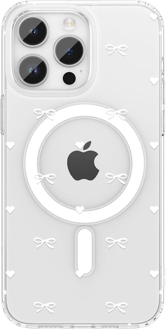 ZTOFERA for iPhone 14 Pro Max Magnetic Case Clear,Cute Love Heart Ribbon Bow Tie Aesthetic Phone Case,Transparent Trendy Slim Soft Shockproof Protective Phone Cover for Women Girls,White