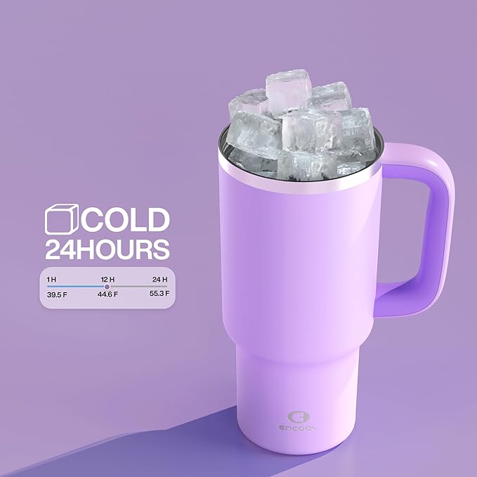 32 oz Tumbler with Handle and Straw: Stainless Steel Insulated Tumbler Keeps Cold for 24 Hours, Leakproof Travel Cup Fits in Cup Holder and BPA-Free, Lavende