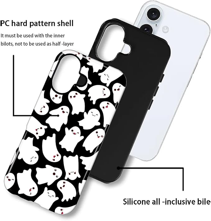 Case for iPhone 16 Case,Halloween Ghosts Bats Design - Hybrid Dual Protection Silicone + Hard PC Shockproof Full Body Cover Slim Anti-Scratch Protective Case for Men Women