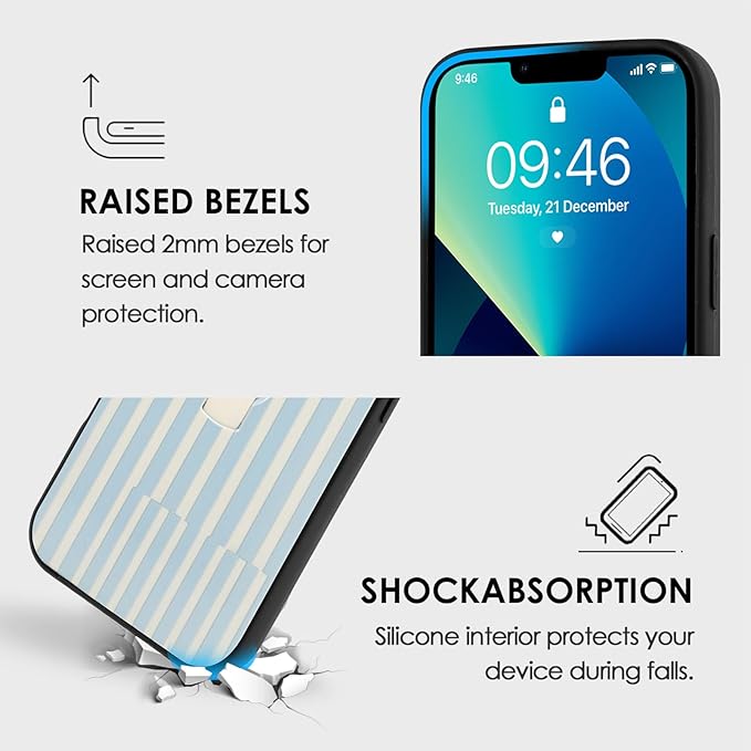 Compatible with iPhone 13 Pro Case with Finger Hand Strap Kickstand, Trendy Cool Striped Phone Case for Women Men, Full Camera Protection Shockproof Protective Cover, White and Blue Stripes