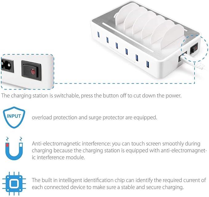 Charging Station for Multiple Devices,50W 6 USB Ports Family Charger Compatible with Apple iPhone iPad and Android Phone and Tablet