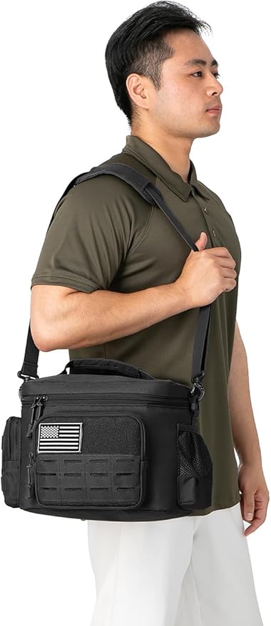 QT&QY Tactical Lunch Bag for mens Military heavy duty lunch box work Leakproof insulated Durable Thermal Cooler Bag for Adult Meal for Office Camping Picnic Pail MOLLE Webbing Black