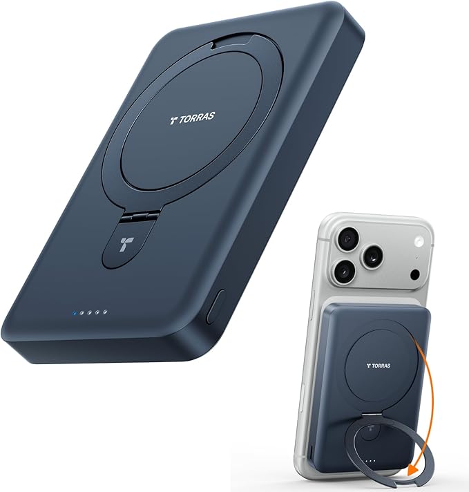 TORRAS EasyGo 10000mAh Magnetic Portable Charger Power Bank for iPhone, Fast Charging Travel Essential Wireless Battery Pack with Stand Compatible with Magsafe, 17 Pro Max,Pro,16,15,14,13,12, Black