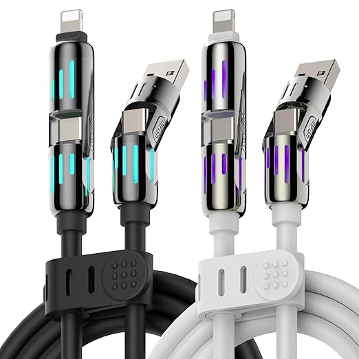 MFish 240W 4-in-1 Universal USB Charging Cable [2 Pack, 6.6ft] – Fast Charger Cord with USB-A, Dual USB-C & Lighting, for iPhone 14/15/16/17 Series, iPad & MacBook & More (2PACK, Black+White, 6.6Ft)