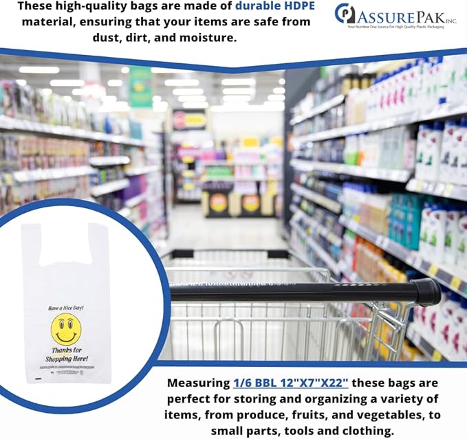 Easy Open - 400 Bags - White Happy Face/Smiley Face HDPE T-Shirt Bags - Full Size - 1/6 BBL 12"X7"X22"- 15 microns - White - HF1272215M-EO - AssurePak